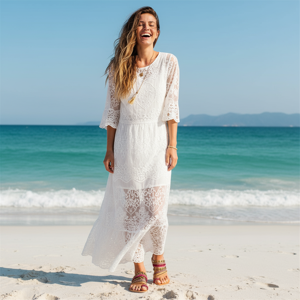 Lachende Frau in Boho Sandalen - Ganzkörperaufnahme